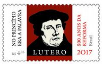brasilianische Sonderbriefmarke anlässlich des Reformationsjubiläums mit einem Bildnis von Luther